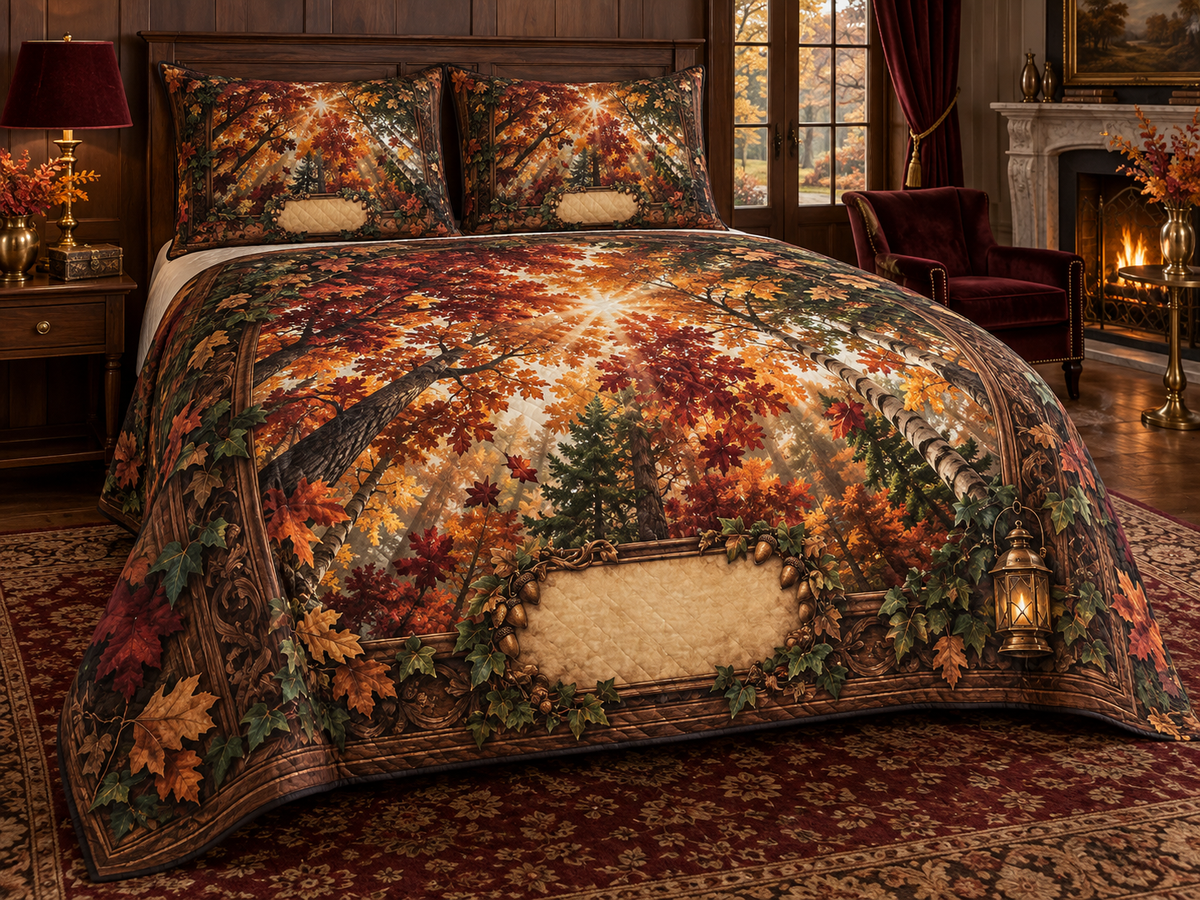 One quilted bedding set with a dramatic autumn canopy, carved walnut frame, brass lantern and blank parchment name plaque.