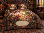 One quilted bedding set with a vaulted autumn canopy, walnut library arch, banker lamp and blank ivory name plaque.