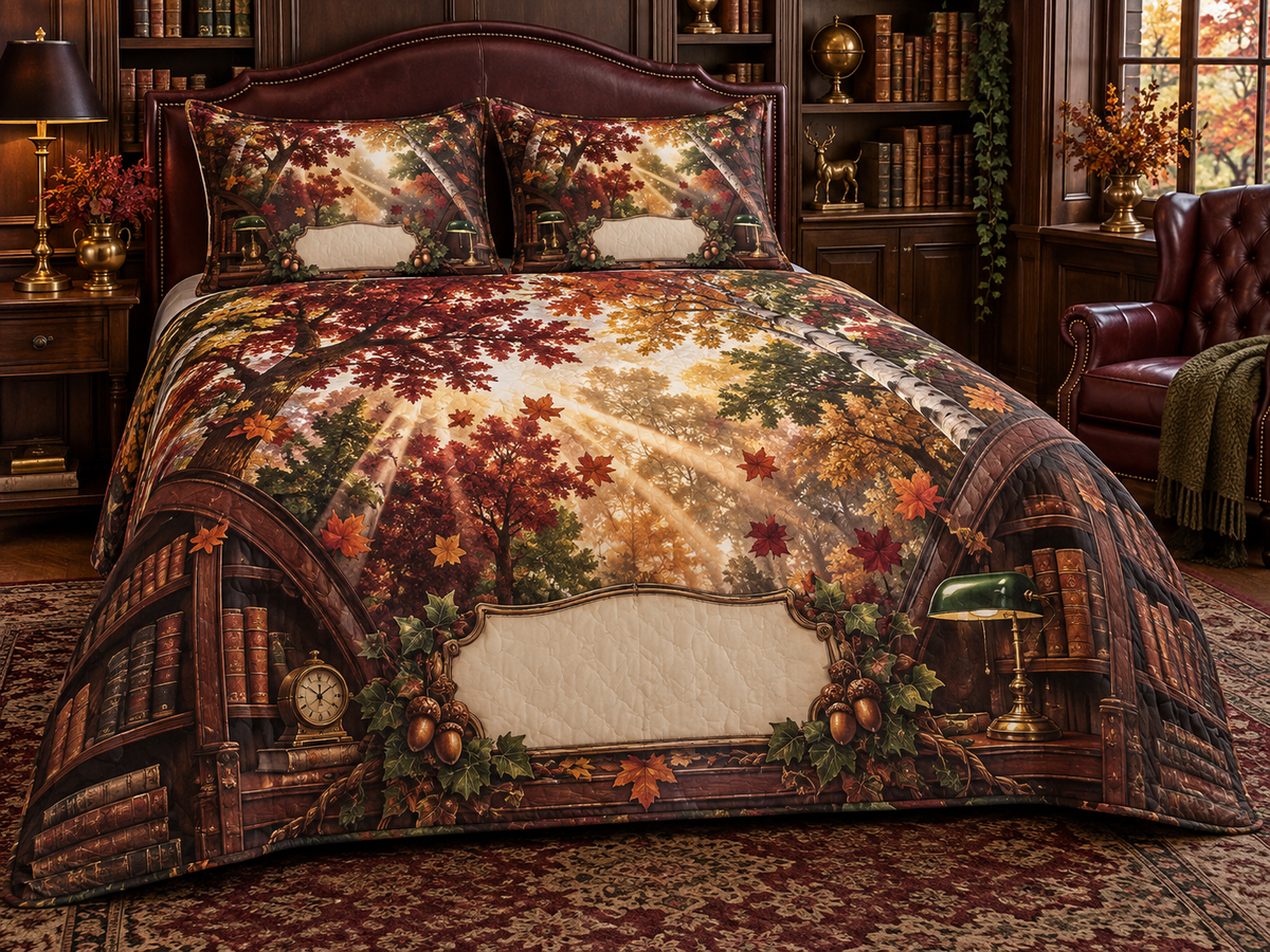 One quilted bedding set with a vaulted autumn canopy, walnut library arch, banker lamp and blank ivory name plaque.