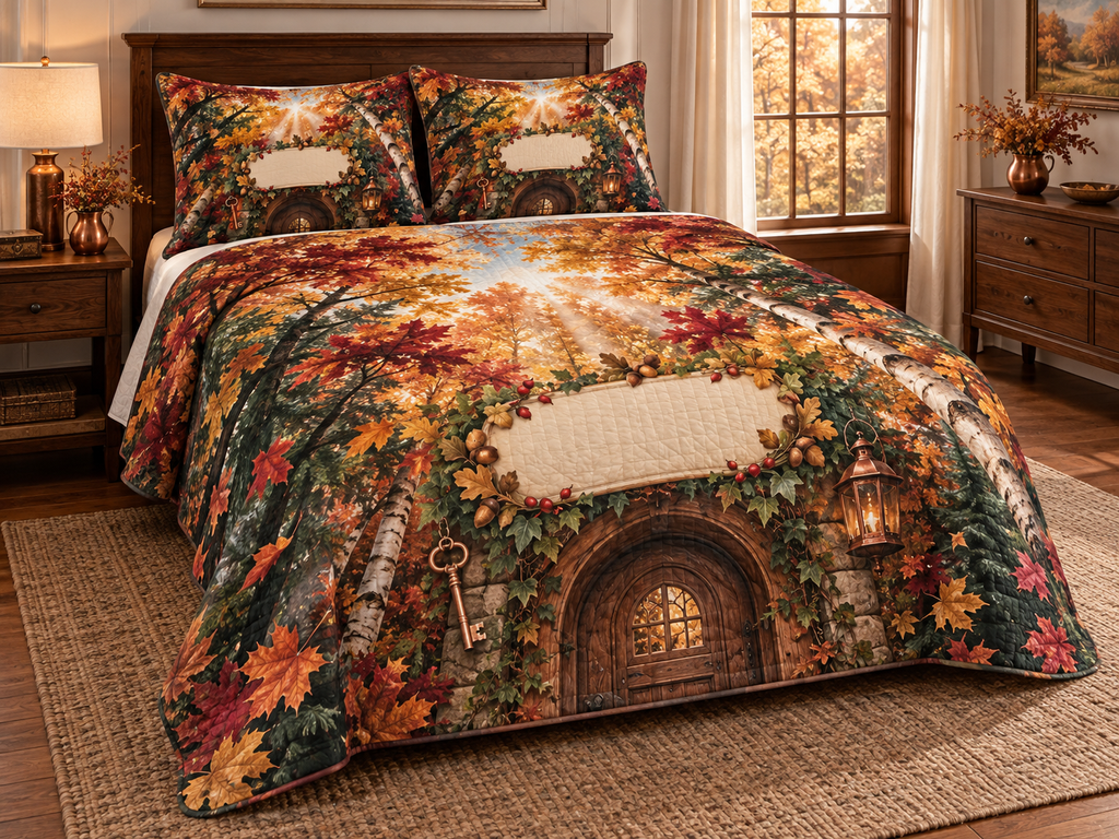 One quilted bedding set with an immersive autumn canopy, cottage doorway, brass key, copper lantern and blank cream name plaque.