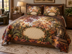 One quilted bedding set with a tranquil autumn canopy, walnut reading arch, brass lantern, closed book and blank cream name plaque.