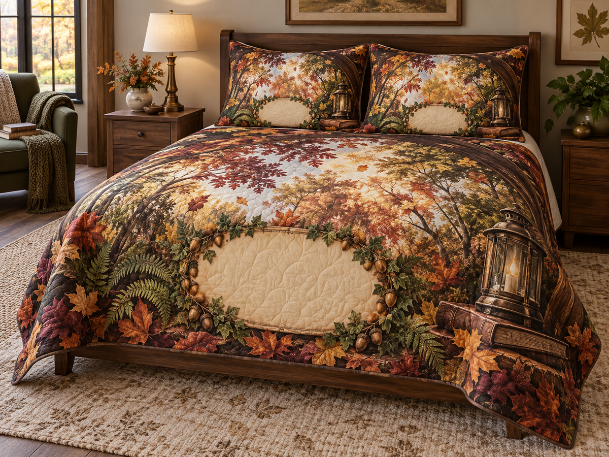 One quilted bedding set with a tranquil autumn canopy, walnut reading arch, brass lantern, closed book and blank cream name plaque.