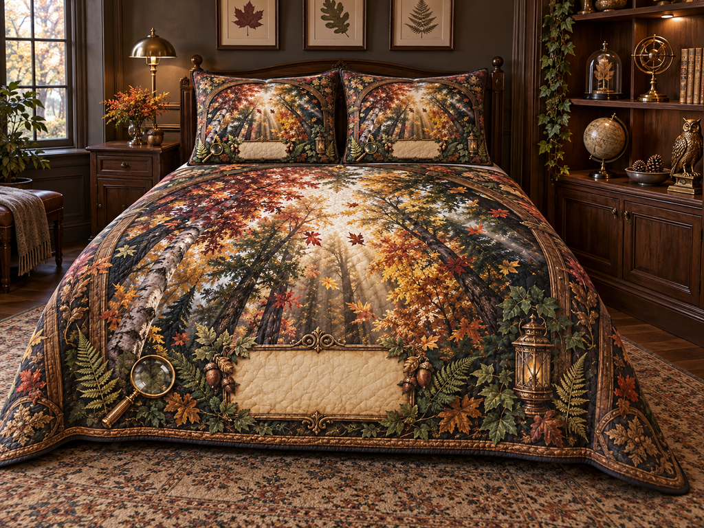 One quilted bedding set with a rare autumn canopy, walnut collector arch, brass magnifying glass, museum lantern and blank parchment name plaque.