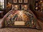 One quilted bedding set with a rare autumn canopy, walnut collector arch, brass magnifying glass, museum lantern and blank parchment name plaque.