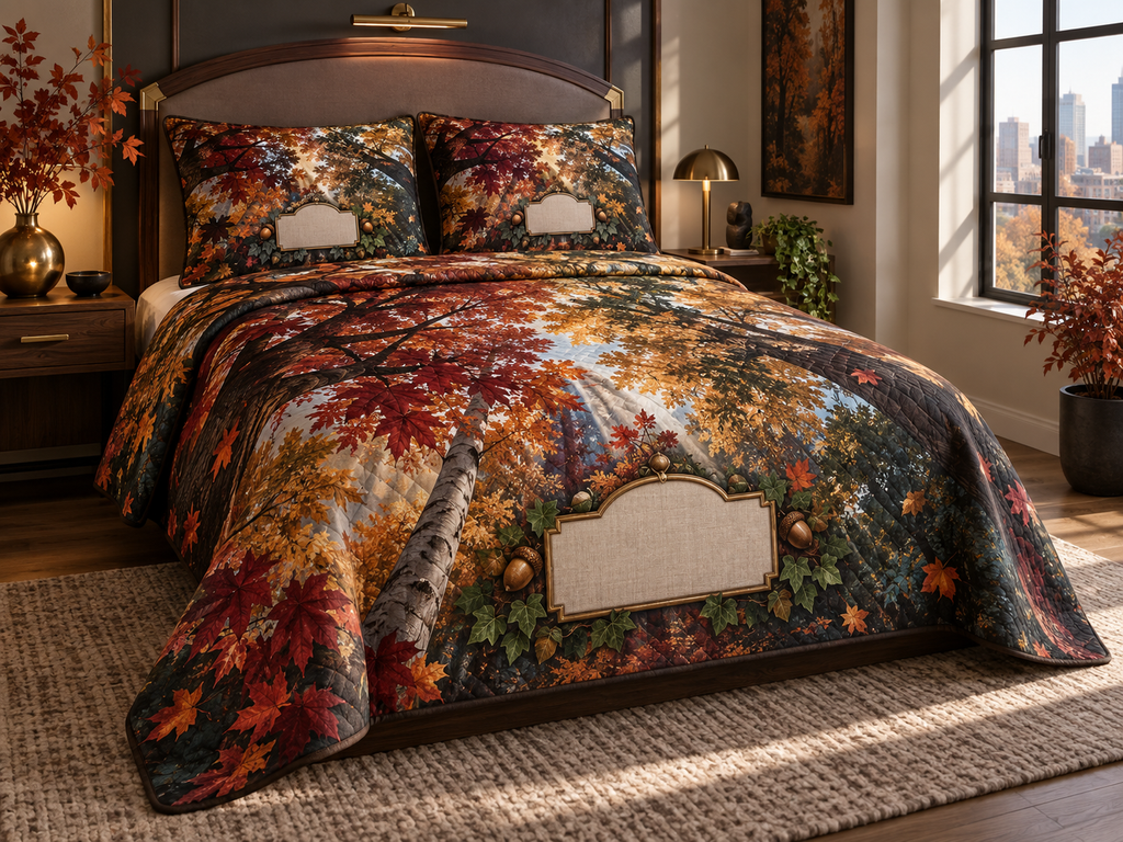 One quilted bedding set with a graphic autumn canopy, black-walnut gallery arch, brass accents, picture light and blank linen name plaque.