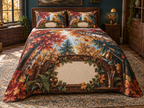 One quilted bedding set with an autumn forest canopy, carved walnut studio arch, brass art tools and blank canvas-texture name plaque.