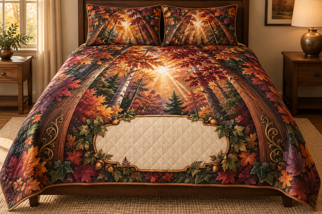One quilted bedding set with a luminous autumn forest canopy, curved cedar doorway and blank cream-linen name plaque.