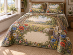 One quilted bedding set with a sunlit wildflower meadow, woven-willow reading arch and blank ivory-linen name plaque.