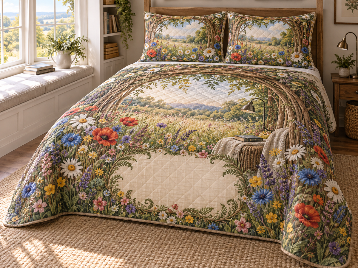 One quilted bedding set with a sunlit wildflower meadow, woven-willow reading arch and blank ivory-linen name plaque.