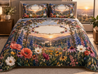 One quilted bedding set with a dramatic sunrise wildflower meadow, dark-bronze botanical trellis and blank ivory name plaque.