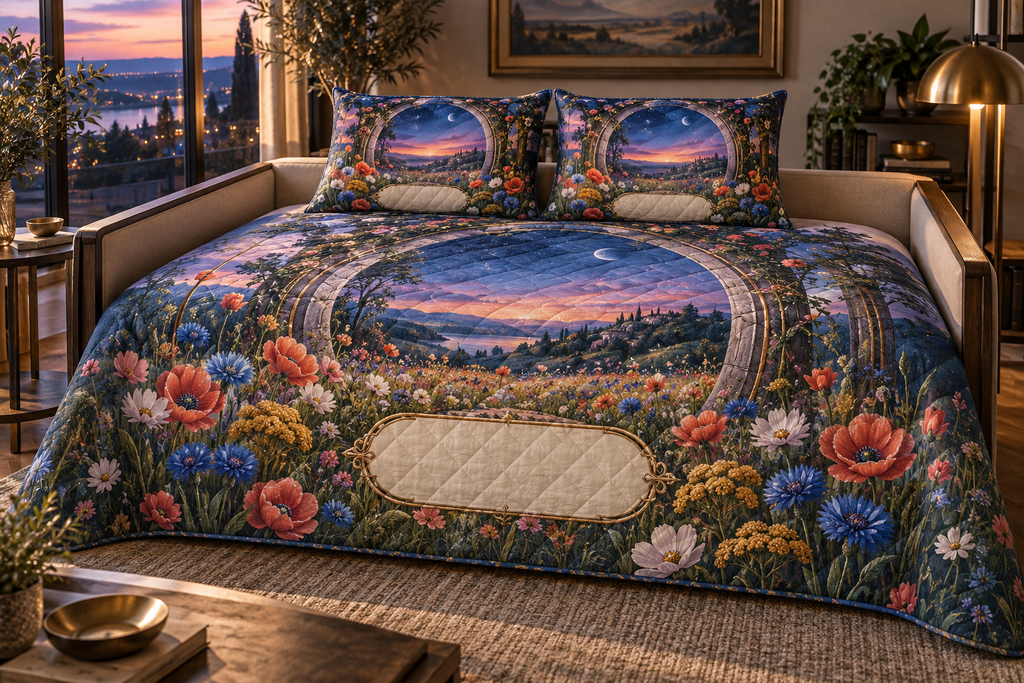 One quilted bedding set with a blue-hour wildflower meadow, circular stone garden portal and blank ivory name plaque.