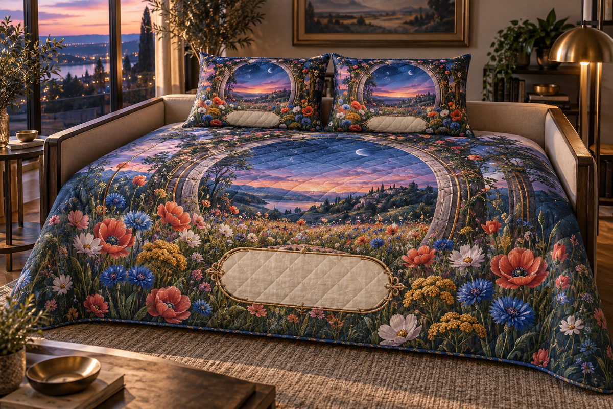 One quilted bedding set with a blue-hour wildflower meadow, circular stone garden portal and blank ivory name plaque.