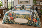 One quilted bedding set with a fresh wildflower meadow, blackened-steel studio window and blank linen name plaque.