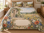 One quilted bedding set with a sunlit wildflower meadow, fieldstone cottage doorway, antique-copper key motif and blank linen name plaque.