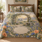 One quilted bedding set with a tranquil dawn wildflower meadow, weathered willow arch, stone bench motif and blank linen name plaque.