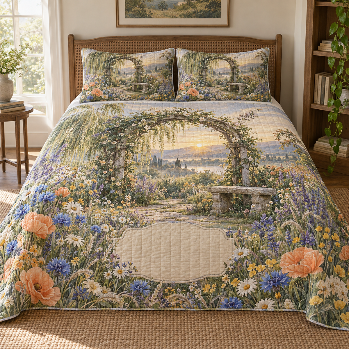 One quilted bedding set with a tranquil dawn wildflower meadow, weathered willow arch, stone bench motif and blank linen name plaque.