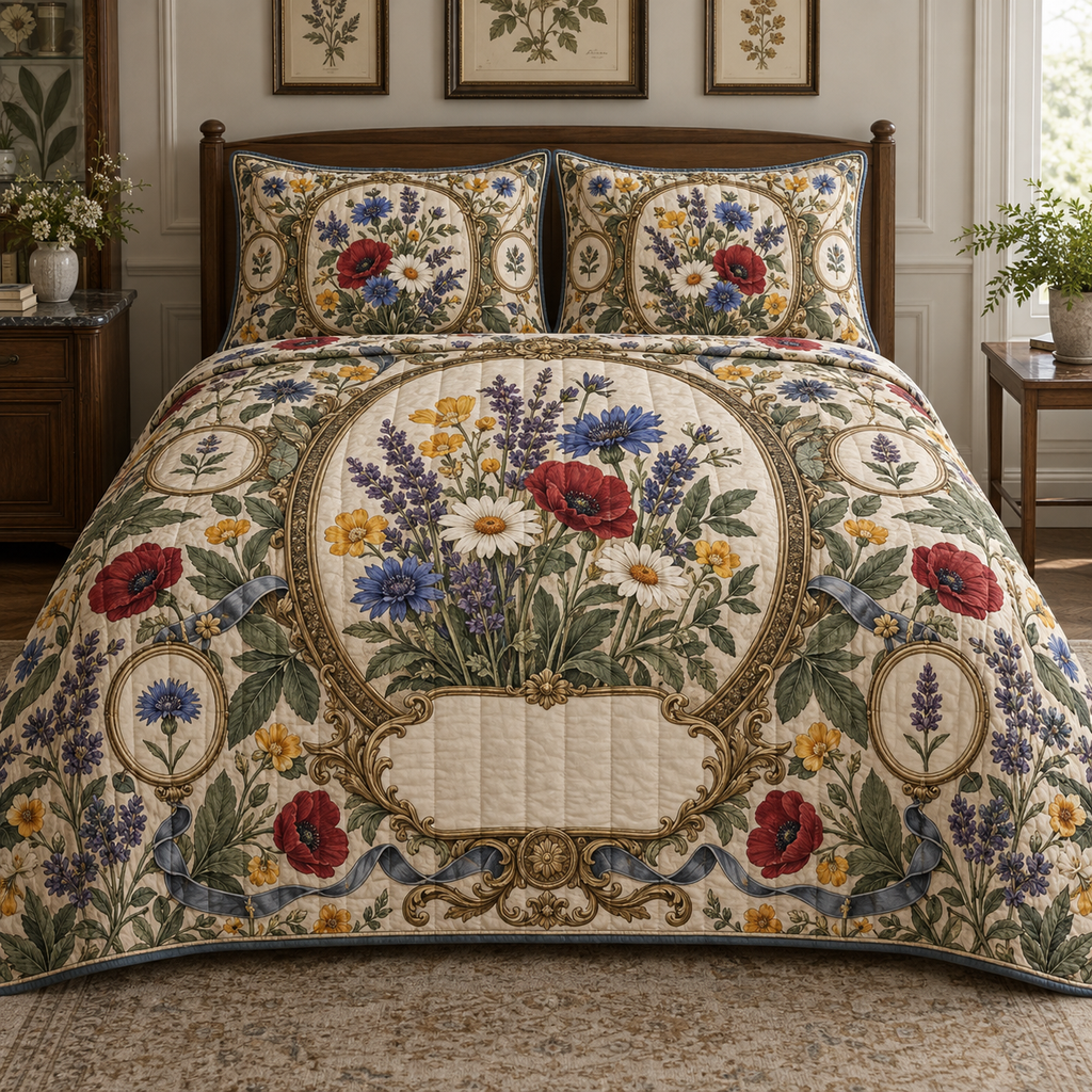 One quilted bedding set with a collector wildflower herbarium, antique-brass oval frame, botanical medallions and blank ivory linen name plaque.