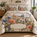 One quilted bedding set with overlapping arched wildflower gallery panels, matte-brass printed lines and blank warm-linen name plaque.
