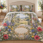 One quilted bedding set with a welcoming wildflower garden gate, whitewashed trellis, champagne-gold ribbon wreath motif and blank ivory-linen name plaque.