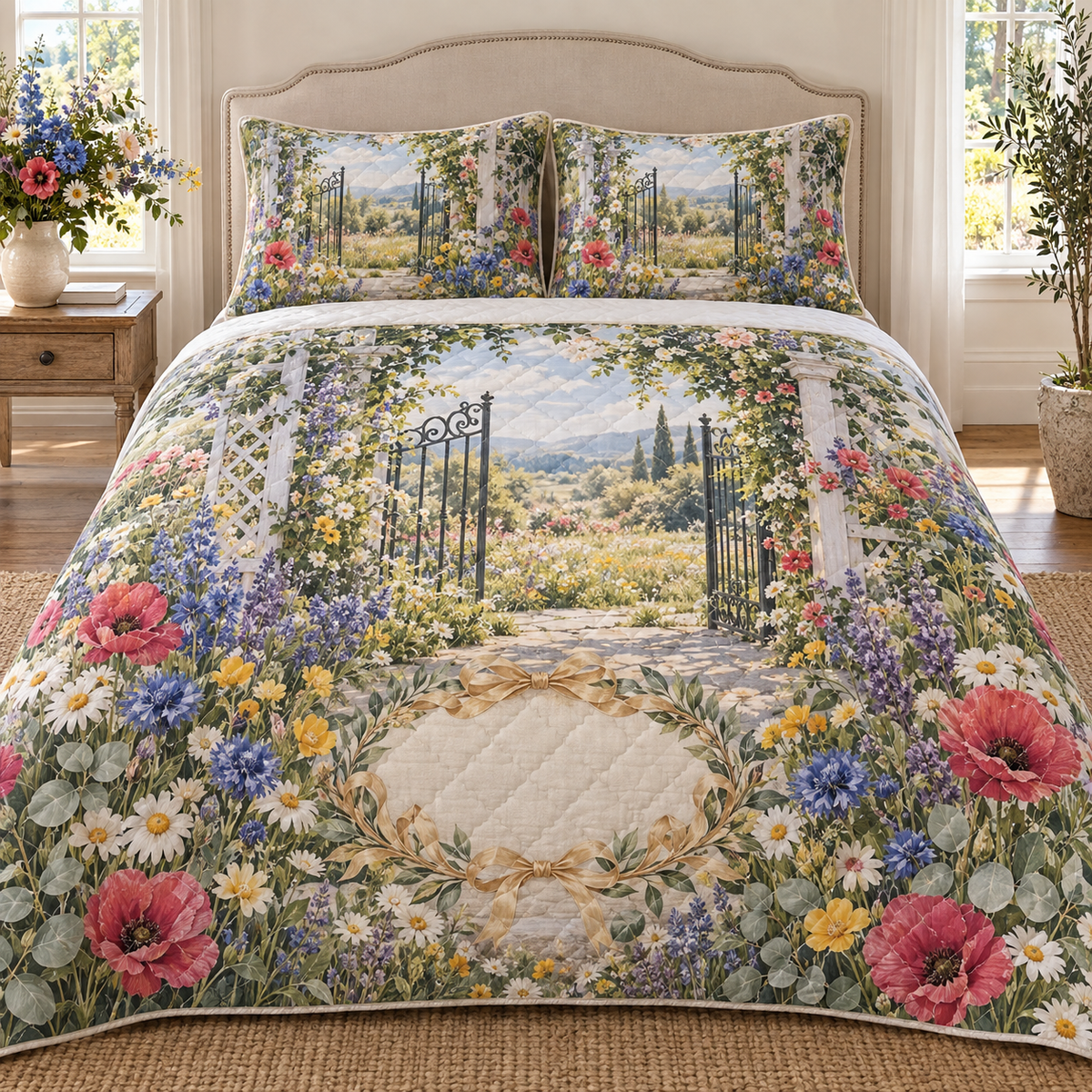 One quilted bedding set with a welcoming wildflower garden gate, whitewashed trellis, champagne-gold ribbon wreath motif and blank ivory-linen name plaque.