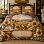 One quilted bedding set with a luminous sunflower field, walnut library-window arch, copper reading-glasses motif and blank parchment-linen name plaque.