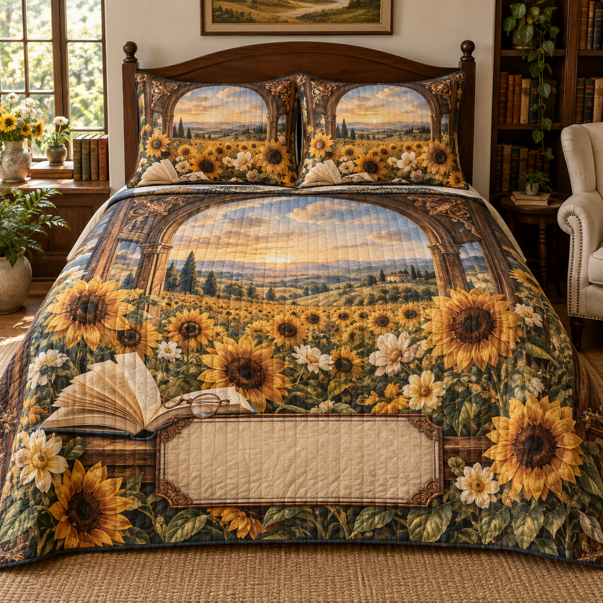 One quilted bedding set with a luminous sunflower field, walnut library-window arch, copper reading-glasses motif and blank parchment-linen name plaque.