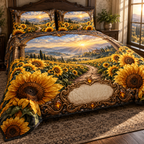 One quilted bedding set with a deep-perspective sunflower field, walnut portal, antique-copper filigree and blank ivory personalization plaque.