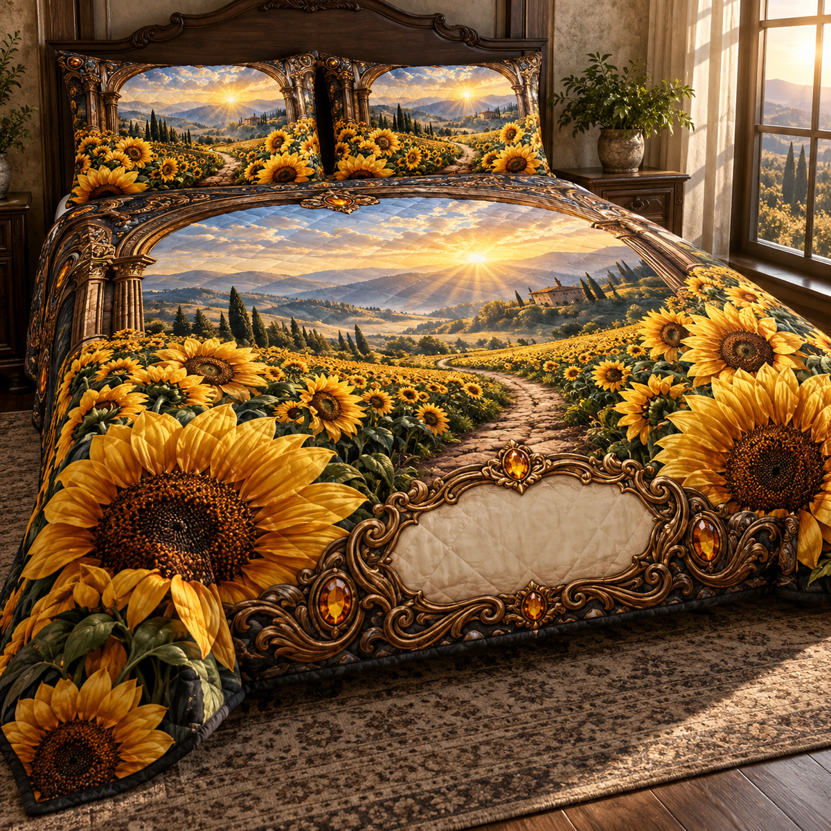 One quilted bedding set with a deep-perspective sunflower field, walnut portal, antique-copper filigree and blank ivory personalization plaque.