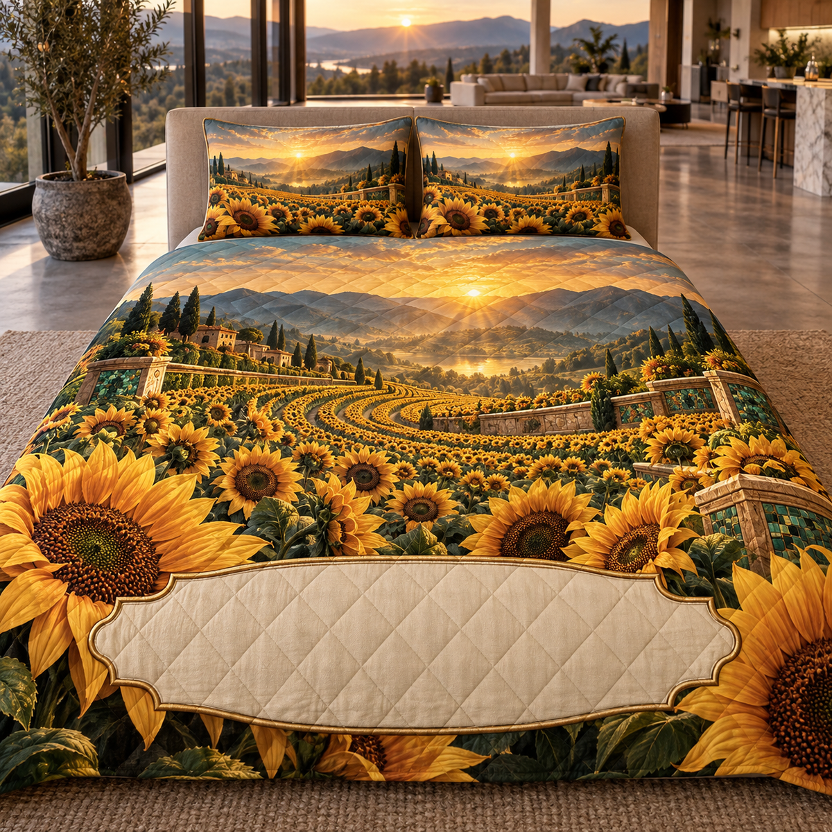 One quilted bedding set with monumental foreground sunflowers, sweeping terraces, teal valley, amber horizon and blank cream personalization cartouche.