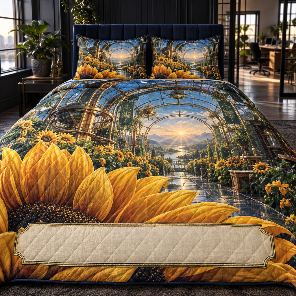 One quilted bedding set with monumental sunflower petals, brass observatory rings, emerald botanical grids, deep blue sky corridor and blank ivory personalization panel.