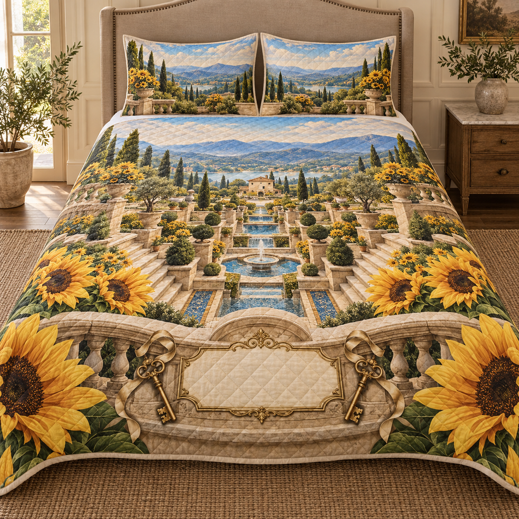 One quilted bedding set with monumental sunflowers, sunken limestone courtyard, sapphire mosaic channels, cream house and blank ivory personalization plaque.