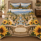 One quilted bedding set with monumental sunflowers, sunken limestone courtyard, sapphire mosaic channels, cream house and blank ivory personalization plaque.