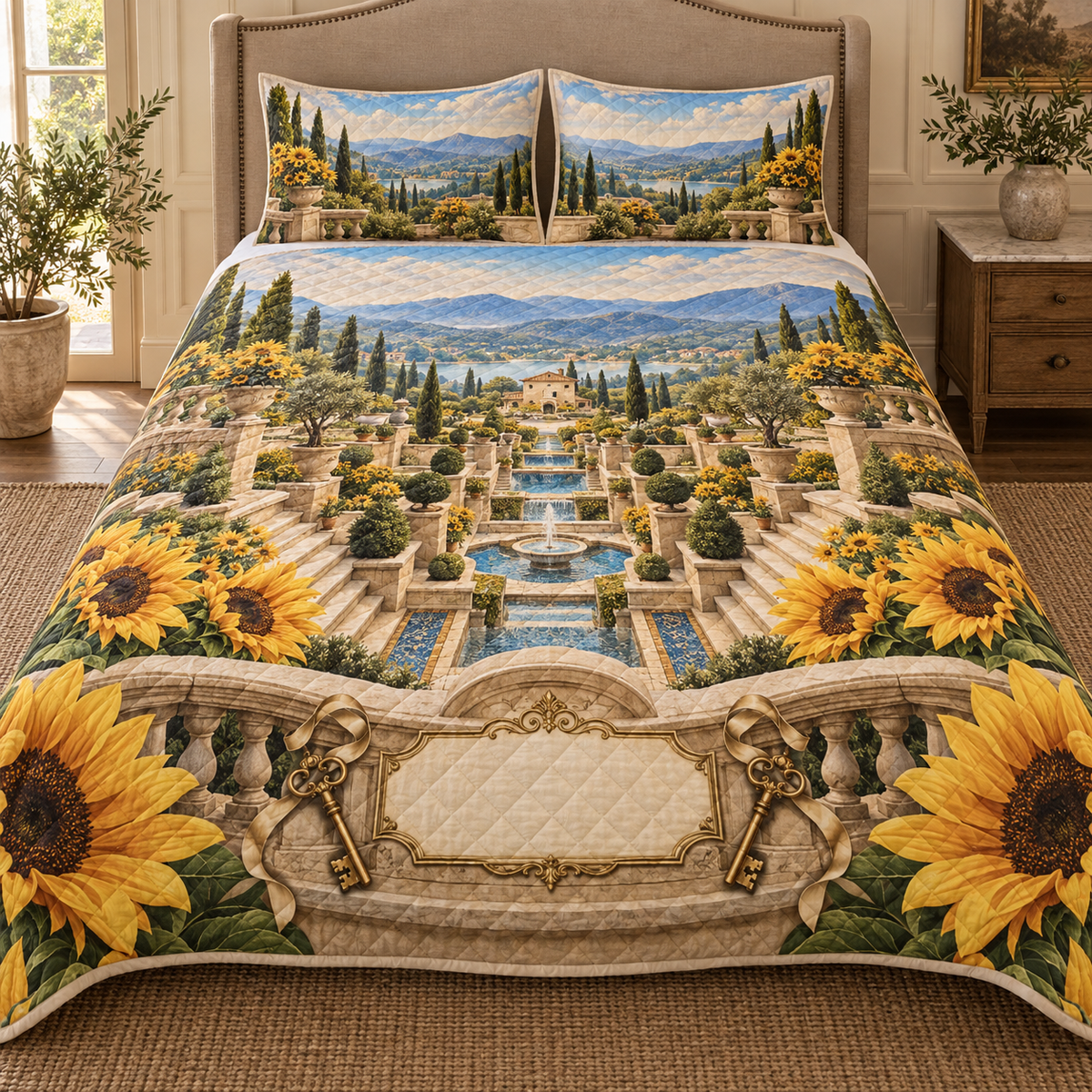One quilted bedding set with monumental sunflowers, sunken limestone courtyard, sapphire mosaic channels, cream house and blank ivory personalization plaque.