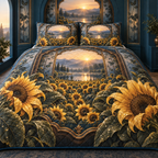 One quilted bedding set with monumental dew-covered sunflowers, nested walnut shadowbox layers, reflective pool, indigo hills and a seamless finished composition.