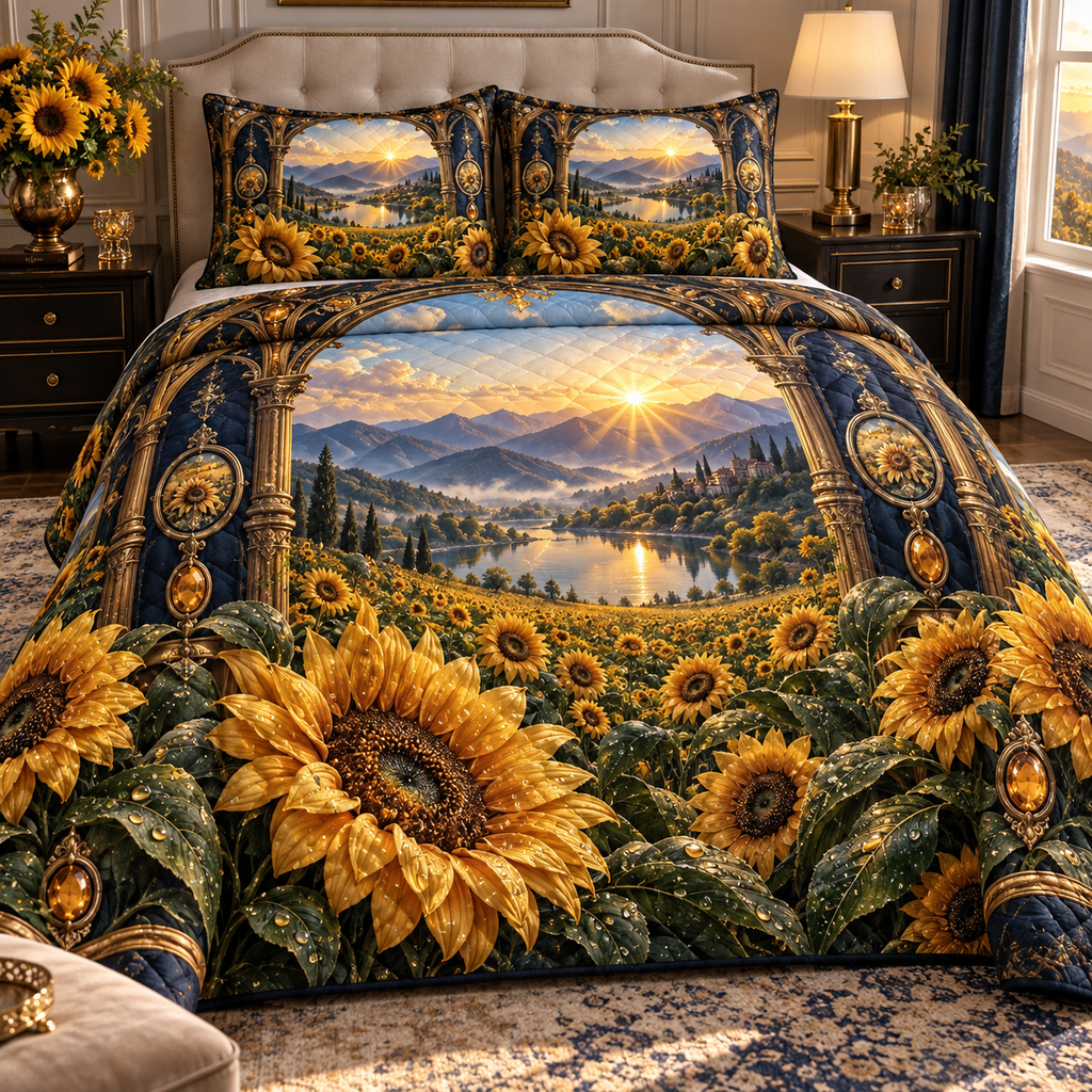 One quilted bedding set with a continuous sunflower collector gallery, monumental golden blooms, antique-brass arches, indigo velvet bays and a deep sunrise valley.