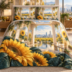 One quilted bedding set with a continuous sunflower apartment gallery, folded golden blooms, ivory portals, prismatic panels and a deep modern skyline.
