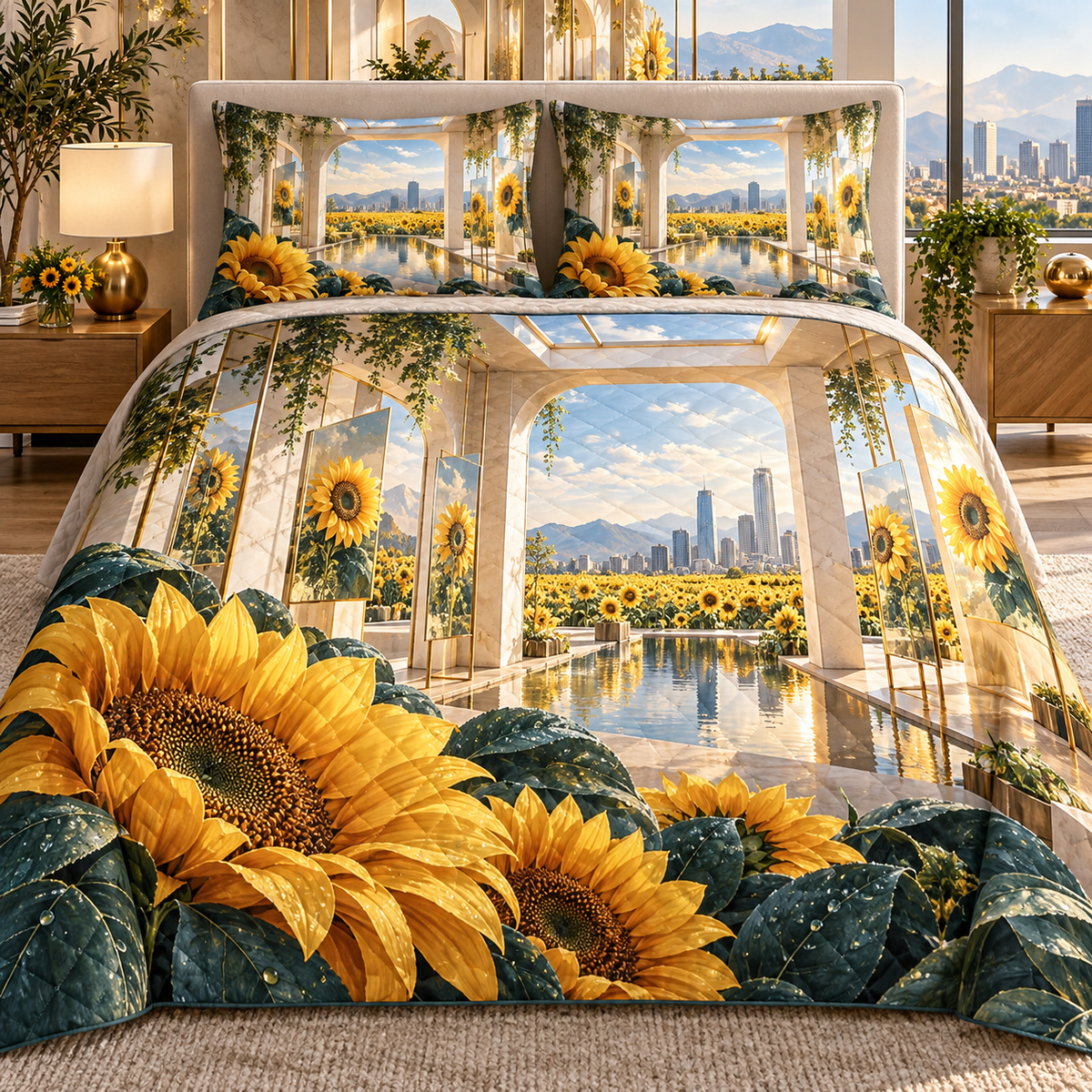One quilted bedding set with a continuous sunflower apartment gallery, folded golden blooms, ivory portals, prismatic panels and a deep modern skyline.