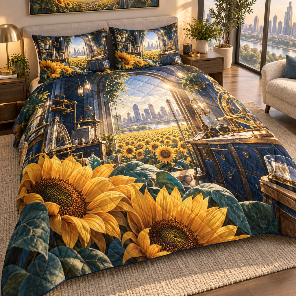 One quilted bedding set with a continuous sunflower maker atelier, folded golden blooms, brass drafting arcs, prismatic facets and a deep studio skyline.