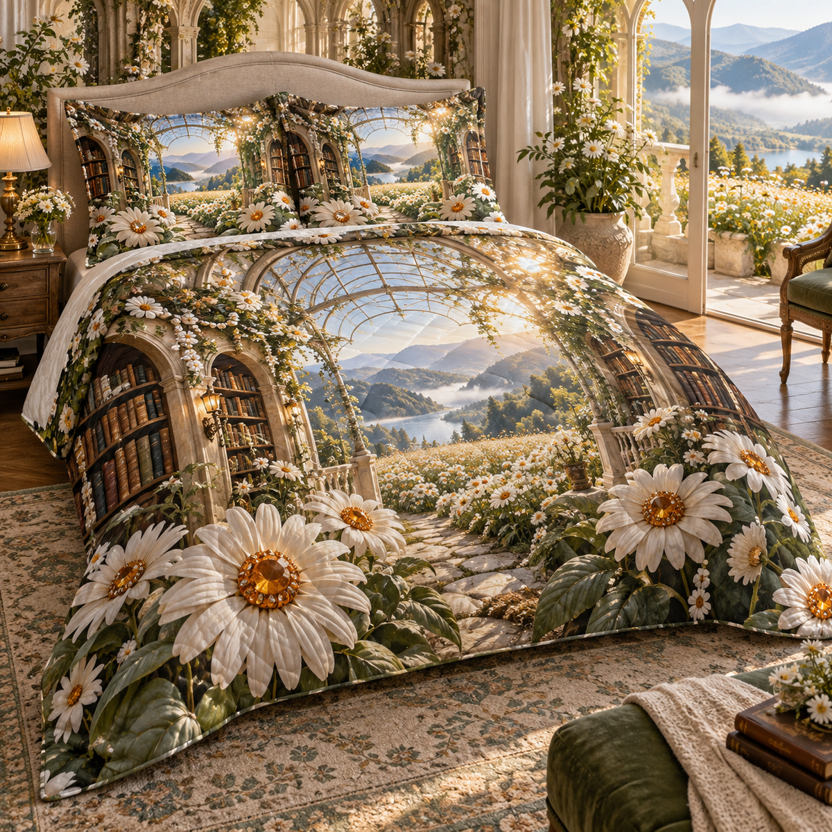 One quilted bedding set with a continuous daisy glasshouse library, luminous white blooms, pearl garlands, arched alcoves and a deep meadow path.