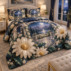 One quilted bedding set with a continuous celestial daisy rotunda, ivory blooms, pearl rings, moonstone arches and a deep moonlit gallery.