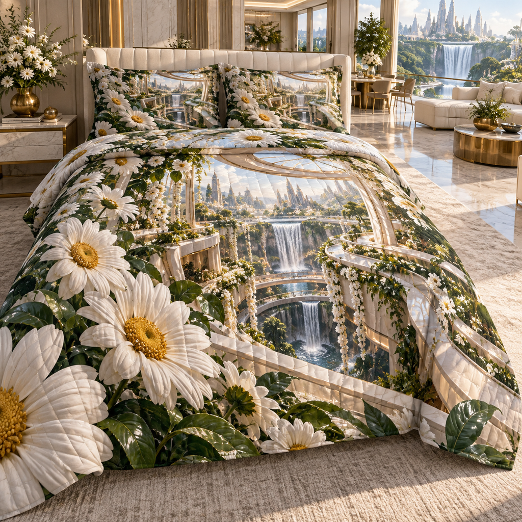 One quilted bedding set with a continuous modern daisy cascade, porcelain blooms, champagne terraces, mirrored channels and a deep waterfall atrium.