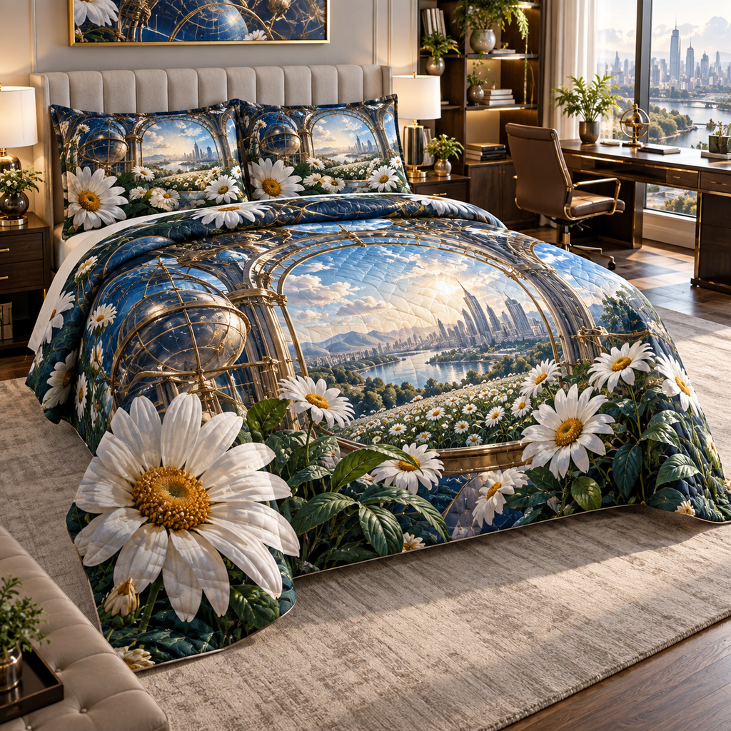 One quilted bedding set with a continuous daisy blueprint observatory, white blooms, brass coordinate rings, sapphire grids and a deep city vista.