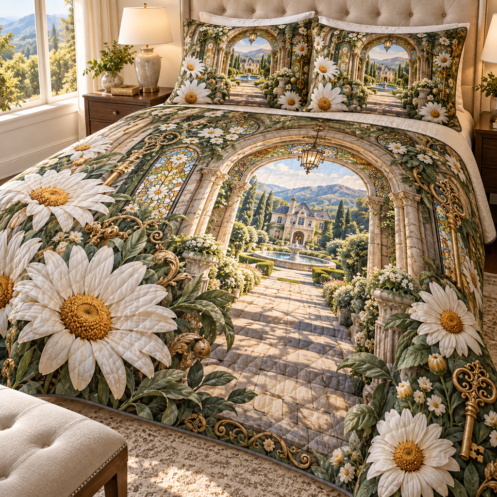 One quilted bedding set with a continuous daisy key manor, white blooms, brass coordinate rings, sapphire grids and a deep city vista.