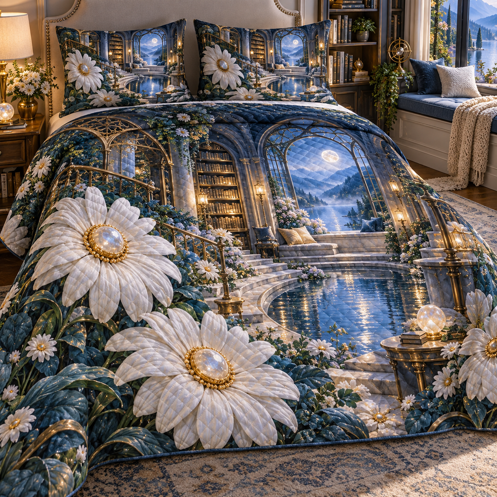 One quilted bedding set with a continuous moonlit daisy reading nook, white blooms, brass coordinate rings, sapphire grids and a deep city vista.