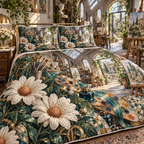 One quilted bedding set with a continuous daisy artisan atelier, white blooms, brass coordinate rings, sapphire grids and a deep city vista.