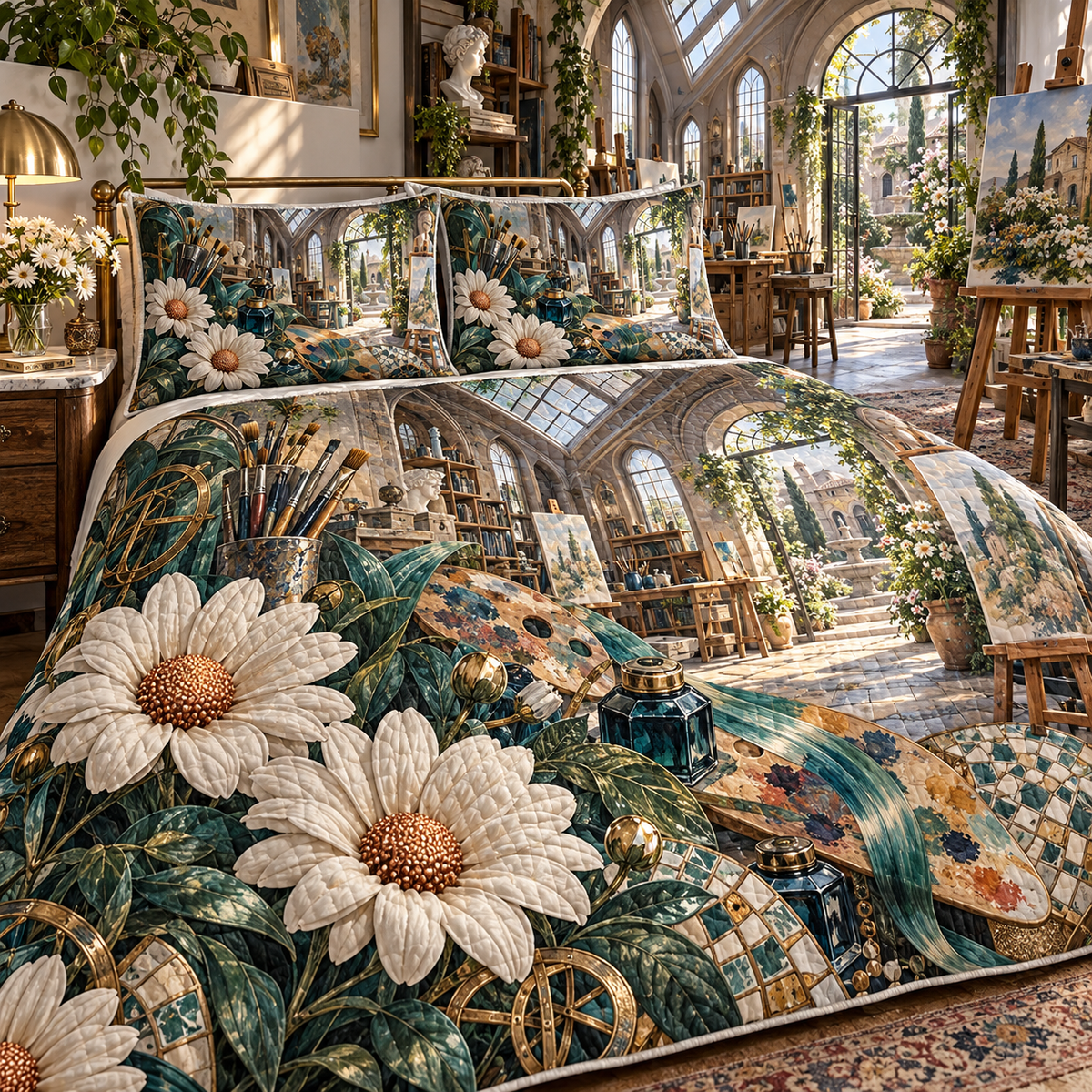 One quilted bedding set with a continuous daisy artisan atelier, white blooms, brass coordinate rings, sapphire grids and a deep city vista.