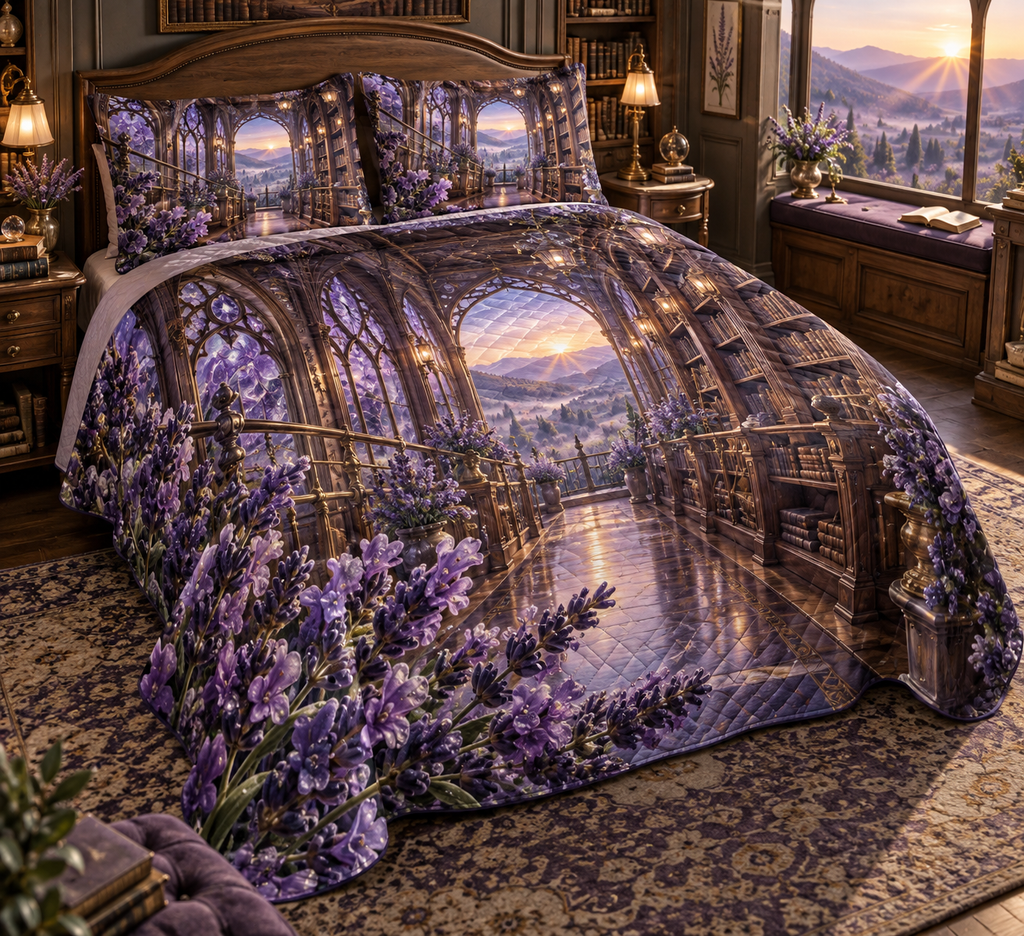 One quilted bedding set with a continuous lavender reading conservatory, white blooms, brass coordinate rings, sapphire grids and a deep city vista.
