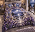 One quilted bedding set with a continuous lavender moon garden, white blooms, brass coordinate rings, sapphire grids and a deep city vista.
