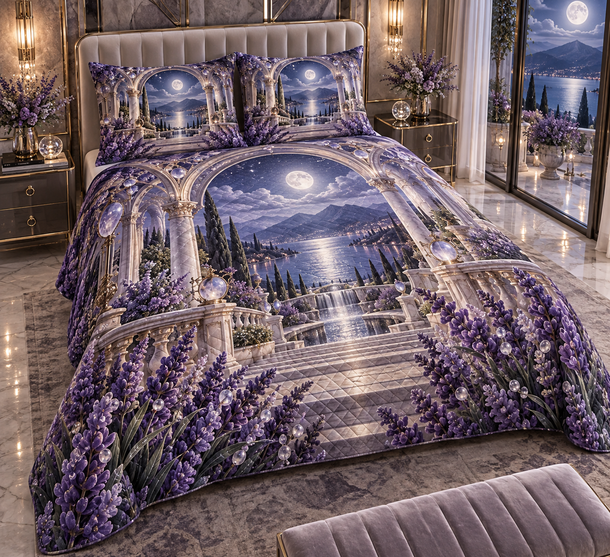 One quilted bedding set with a continuous lavender moon garden, white blooms, brass coordinate rings, sapphire grids and a deep city vista.