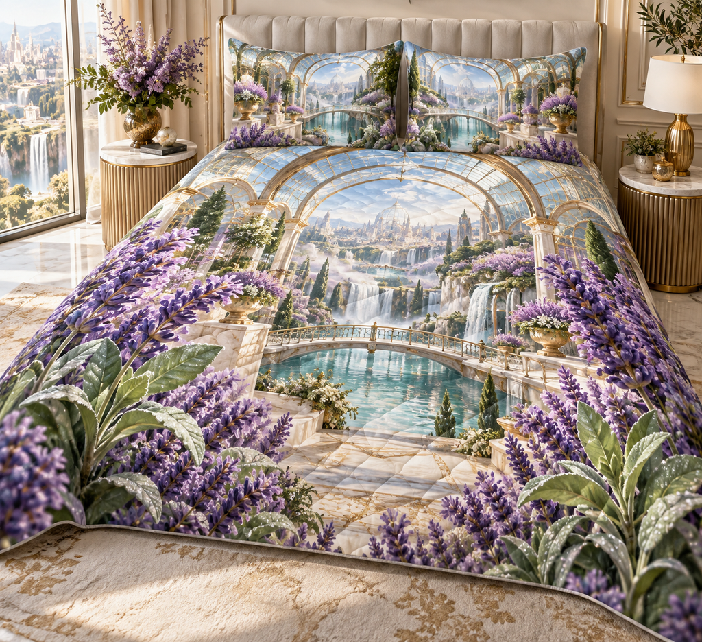 One quilted bedding set with a continuous lavender skybridge atrium, white blooms, brass coordinate rings, sapphire grids and a deep city vista.